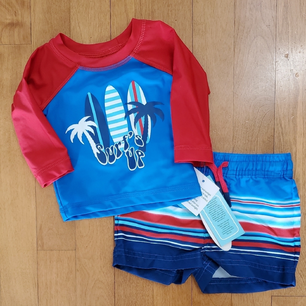 Baby Boys Wave Zone Surf's Up Rash Guard Swim Set Top Trunks Size 0-3 Months NWT